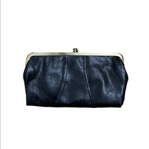 Black leather clutch with bronze hardware